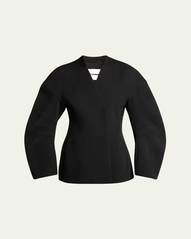 Sculpted Collarless Voluminous Round Darted Sleeve Wool Jacket